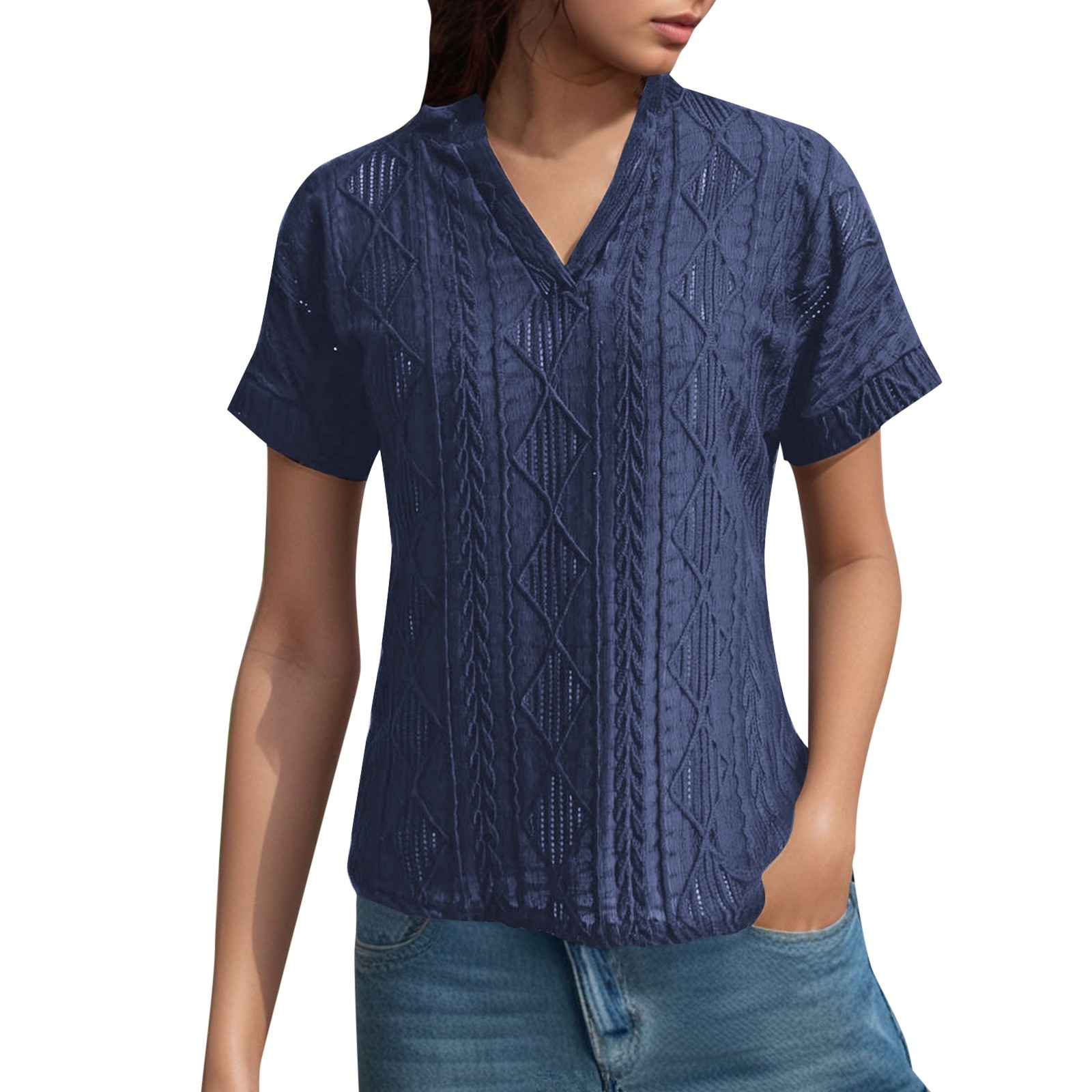 Camisa de punto jacquard holgada con cuello en V para mujer: manga corta, detalle de cordones, informal de verano, fácil de cuidar